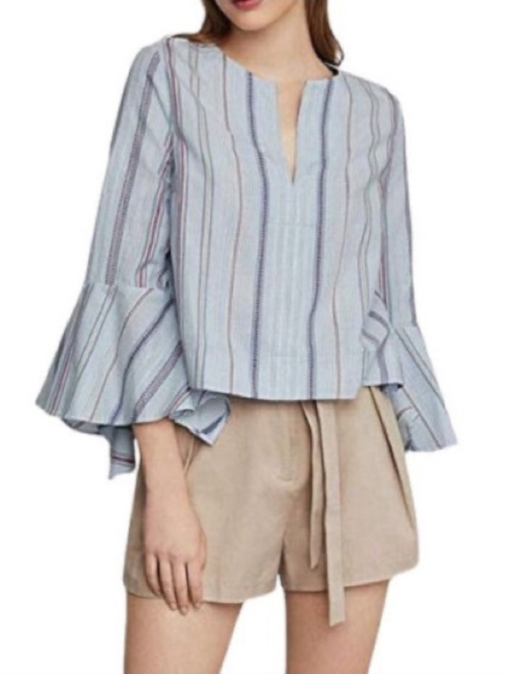 BCBGMaxAzria Light Blue Striped Bell Sleeve Blouse